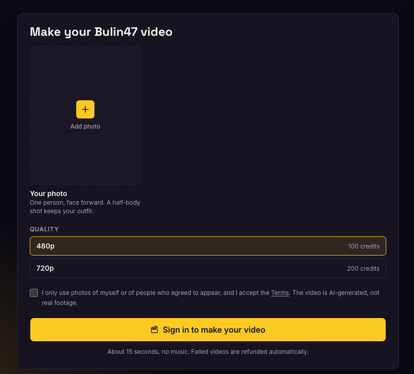 Screenshot of the Bulin47 AI video generator form with a photo slot, the 480p and 720p choice, the photo-rights checkbox and the Make my video button